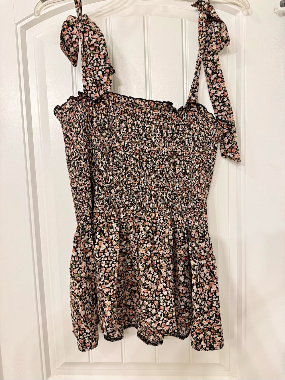 Smocked Black Floral Tie-Shoulder Camisole Top